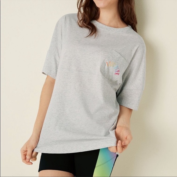 💗VS PINK NEON GREY RAINBOW OMBRE VARSITY SHORT SLEEVE CREW TEE - Picture 2 of 9